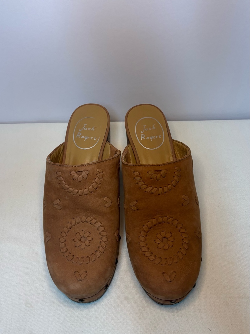 Jack Rogers Tan Leather Slip-On Mules with Embossed Floral Motif